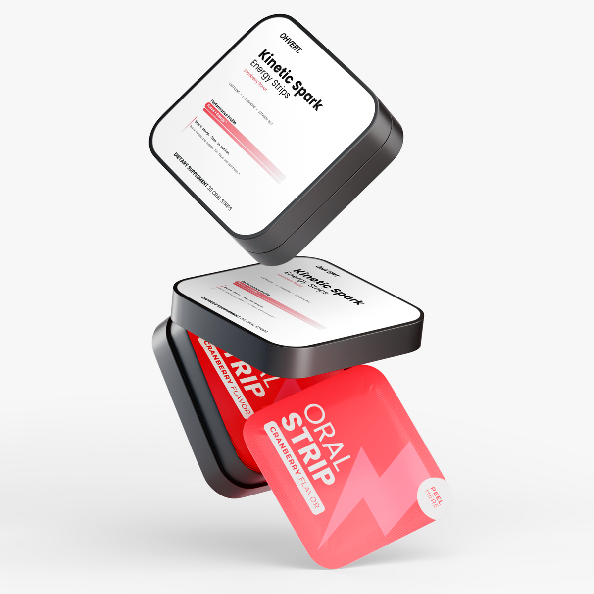 OHVERT Kinetic Spark tin lid lifted above an oral strip packet, styled product mockup